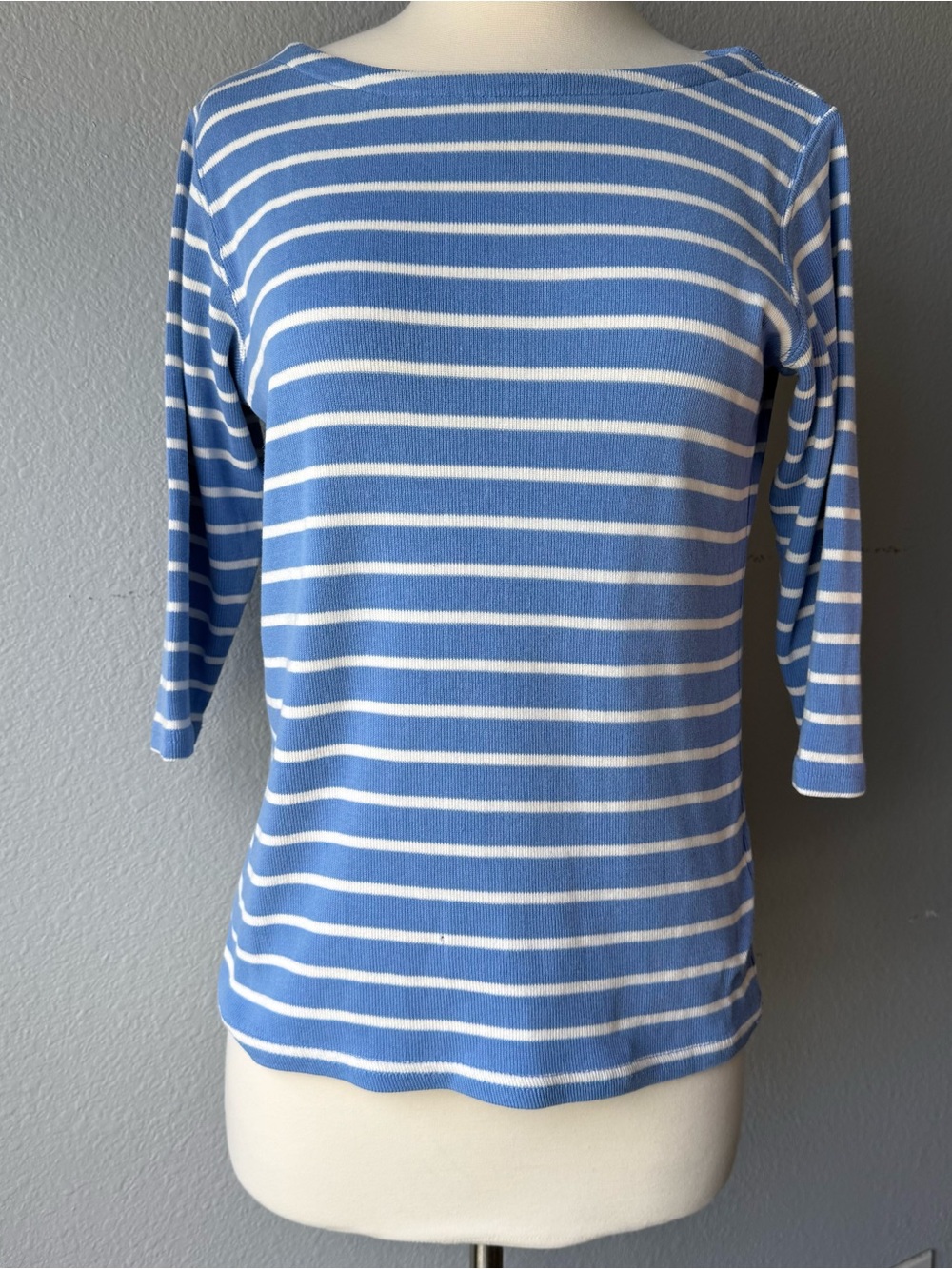 L.L. Bean Blue and White Striped Boatneck 3/4 Long Sleeve Top